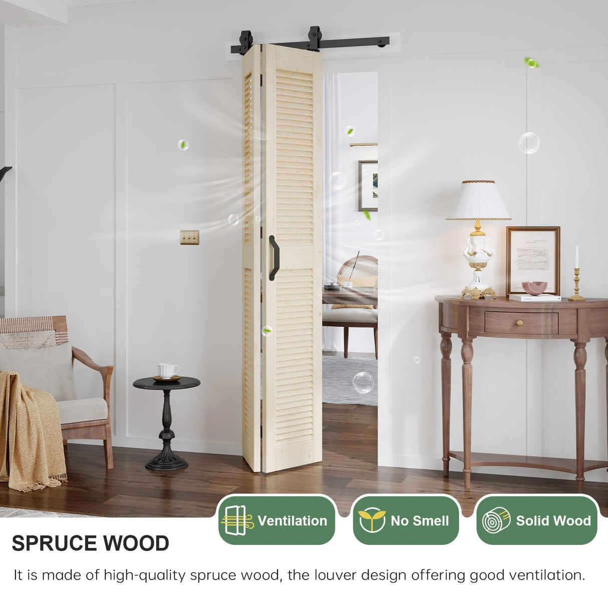 ROYMELO Preassembled Bifold Barn Door 30 x 84 Inch (Double 15 x 84 Inch), Louver Sliding Closet Wood Bi-Folding Barn Doors with 34 Inch Top Mount Hardware Track Kit, Save Space ROYMELO