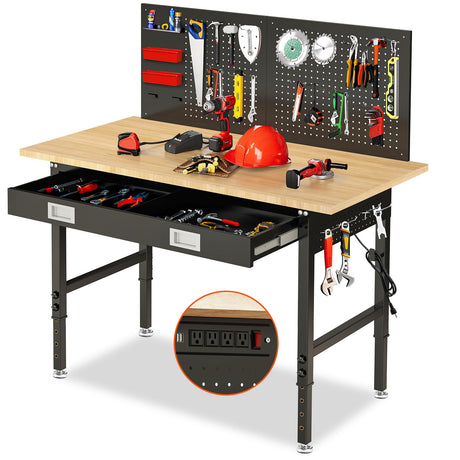 MUWOOD 60" Workbench with Drawers, Adjustable Height Work Bench 2000 LBS Heavy-Duty Work Table Rubber Wood Work Station with Power Outlet & Pegboard for Garage, Office, Workshop, Home, Party Shop MUWOOD