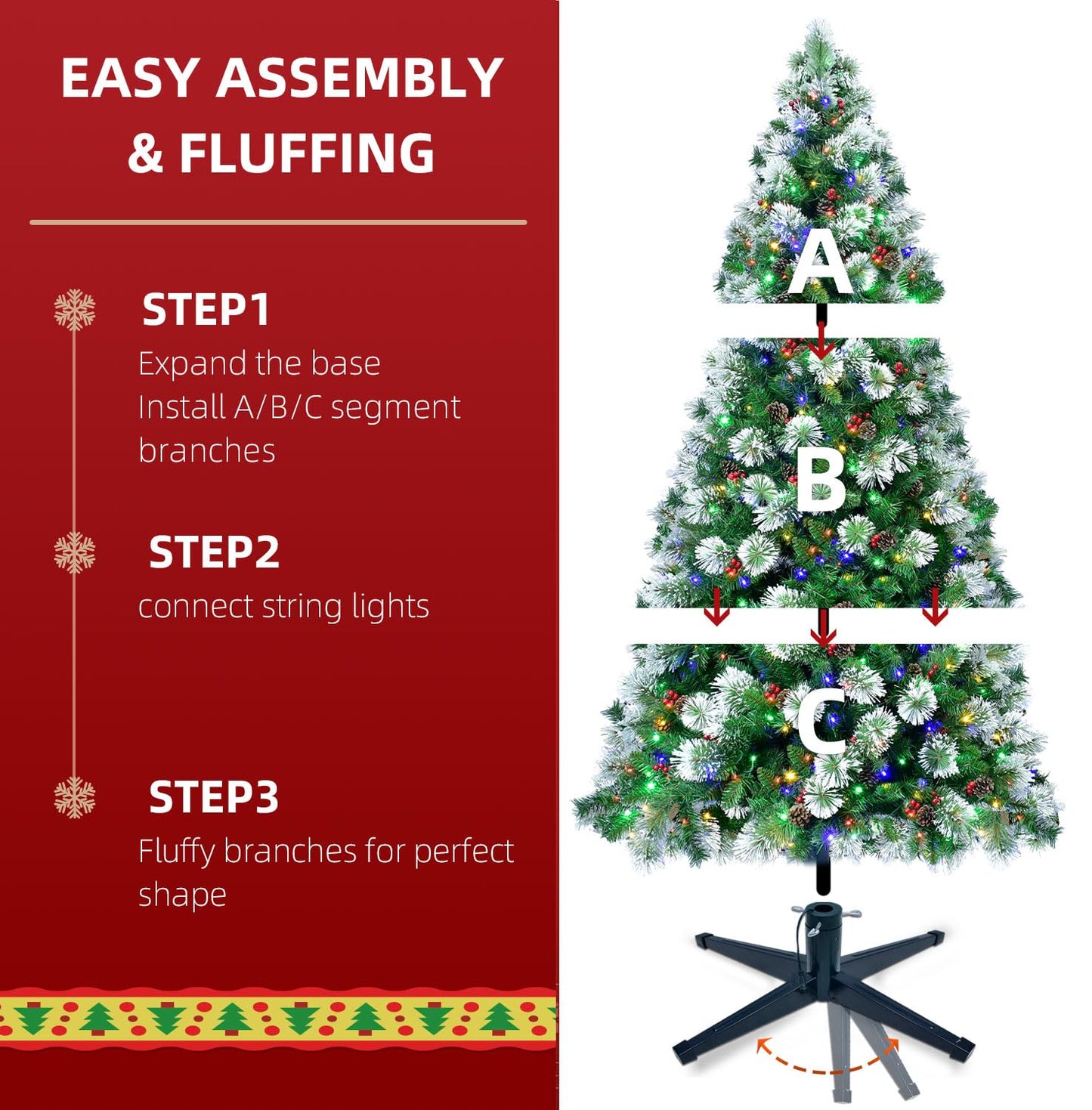 Rotatable Christmas Tree with Music 7.5FT - Includes Rotating Metal Stand with Music Function, Remote Controller and Adapter, Mixed 360 Degree Rotation, 8 Modes Color 380 LEDs for Indoor