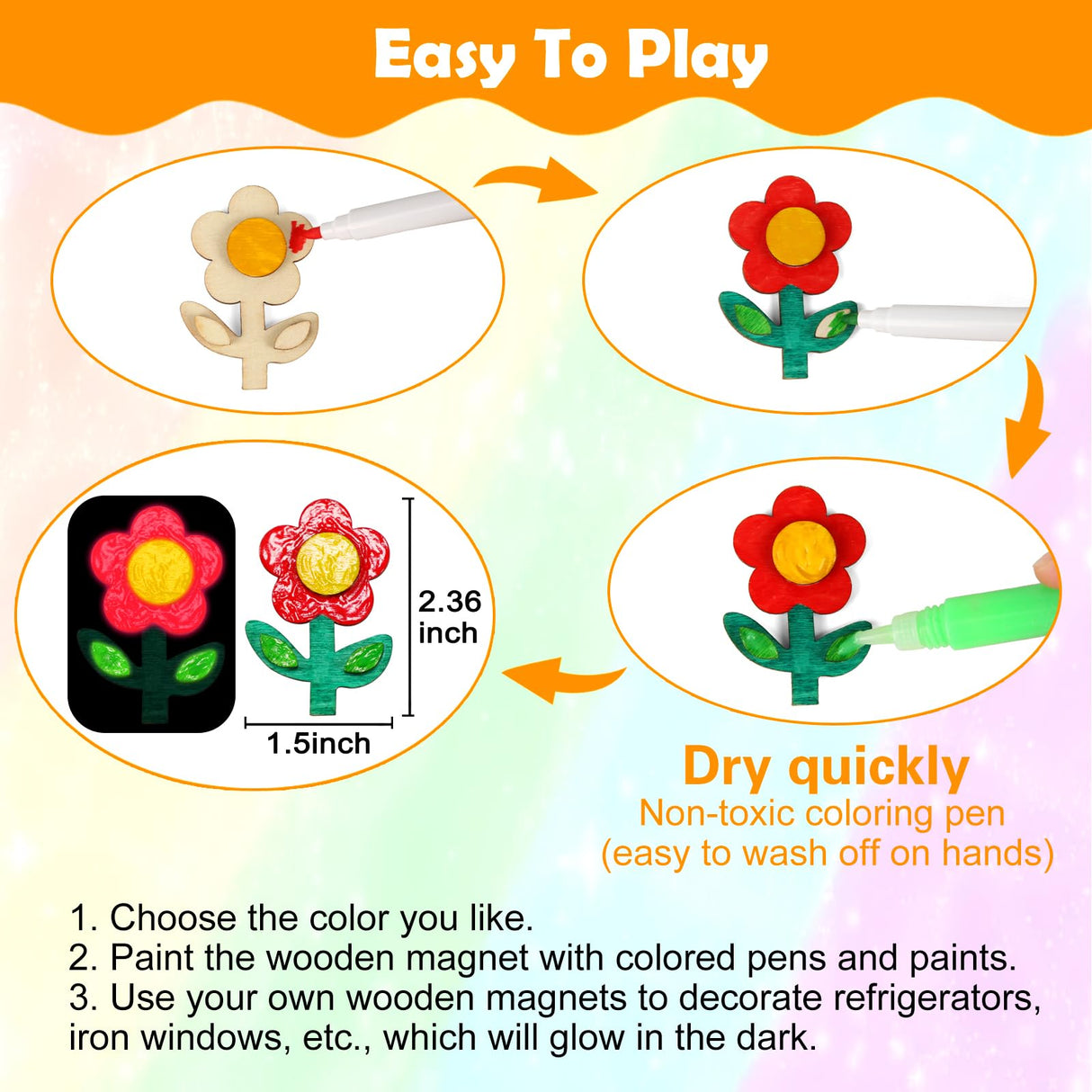 Worgree 48 Pcs DIY Wooden Magnets, Wooden Art Craft Supplies Painting Kit for Kids Ages 4-8 8-12 Glow in The Dark Party Favors Goodie Bag Stuffers Birthday Gifts Toys for Boys Girls Worgree