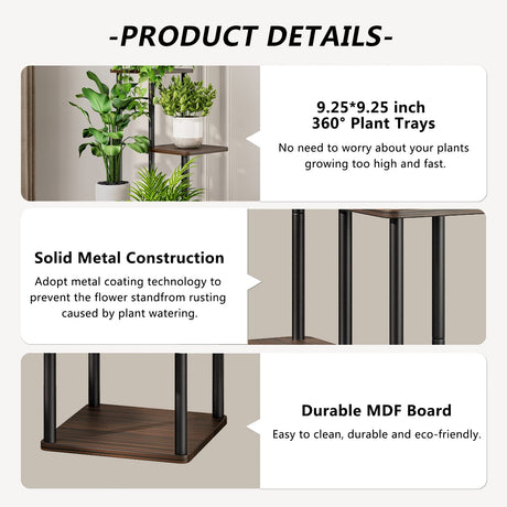 AZERPIAN Plant Stand 6 Tier Indoor Metal Flower Shelf for Multiple Plants Corner Tall Flower Holders for Patio Garden Living Room Balcony Bedroom, Black Oak AZERPIAN