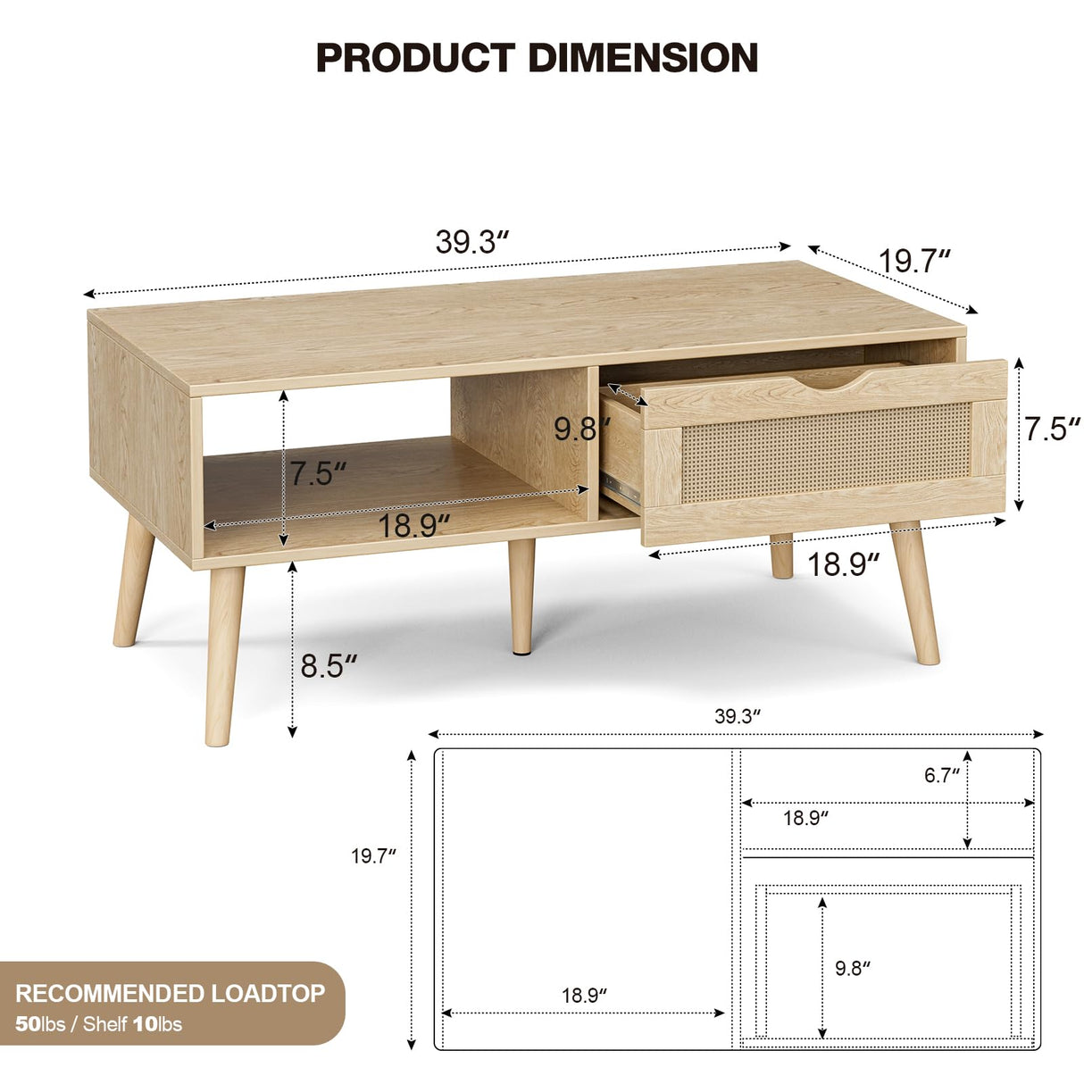 ZttRiee Wood Coffee Table with Storage, Boho Dining Table with Rattan Drawer and Solid Wood Legs, Small Coffee Tables for Living Room, Oak ZttRiee