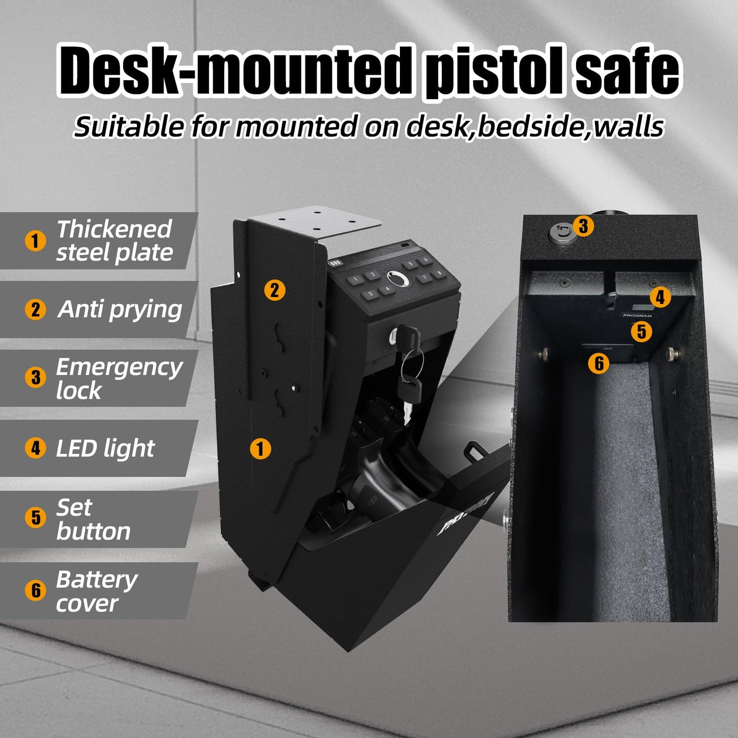 PATRON Gun Safe for Handgun, Biometric Gun Safe Box for Pistols，Hidden Wall or Desk Mounted Fingerprint safes for nightstand,Bedside,Truck，Electronic Quick Access Shotgun Safe Box