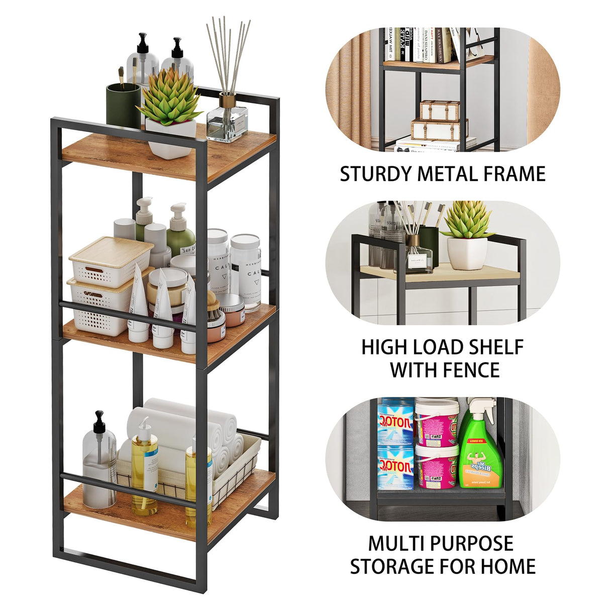 BYFU 3 Tier Bathroom Shelving Unit, Narrow Open Floor Shelves, Metal Corner Storage Rack for Bathroom Laundry Room Kitchen Living Room, Rustic Brown BYFU