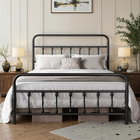 Chuangshuo Guard Queen Bed Frame-Classic Metal Platform Bed Frame Mattress Foundation with Victorian Style Iron-Art Headboard/Footboard/Storage Space/No Box Spring Needed/Black Chuangshuo Guard