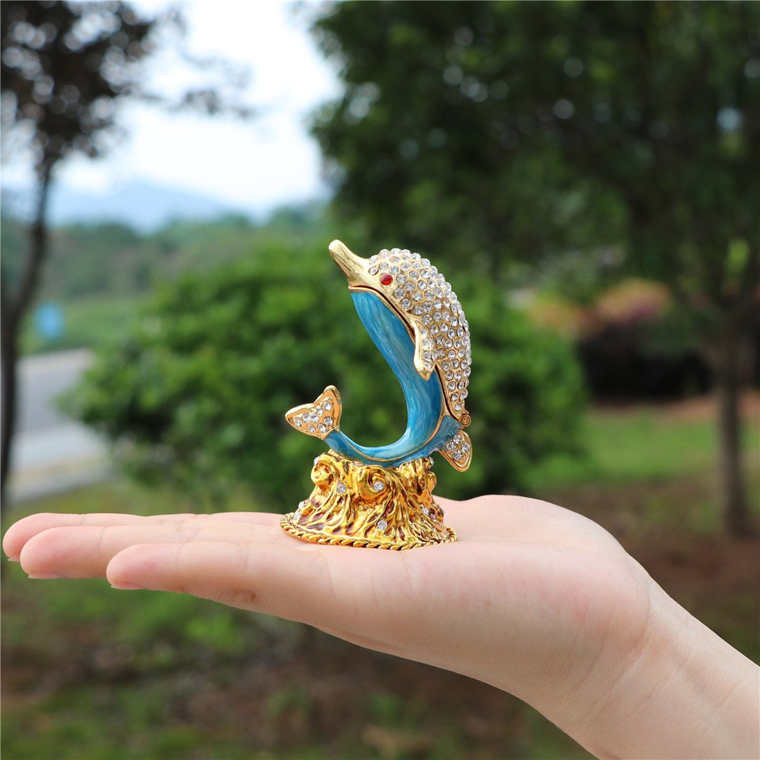 Waltz&F White diamond dolphin Hand Painted Enameled Decorative Hinged Jewelry Animal Trinket Box Unique Gift For Home Decor Waltz&F