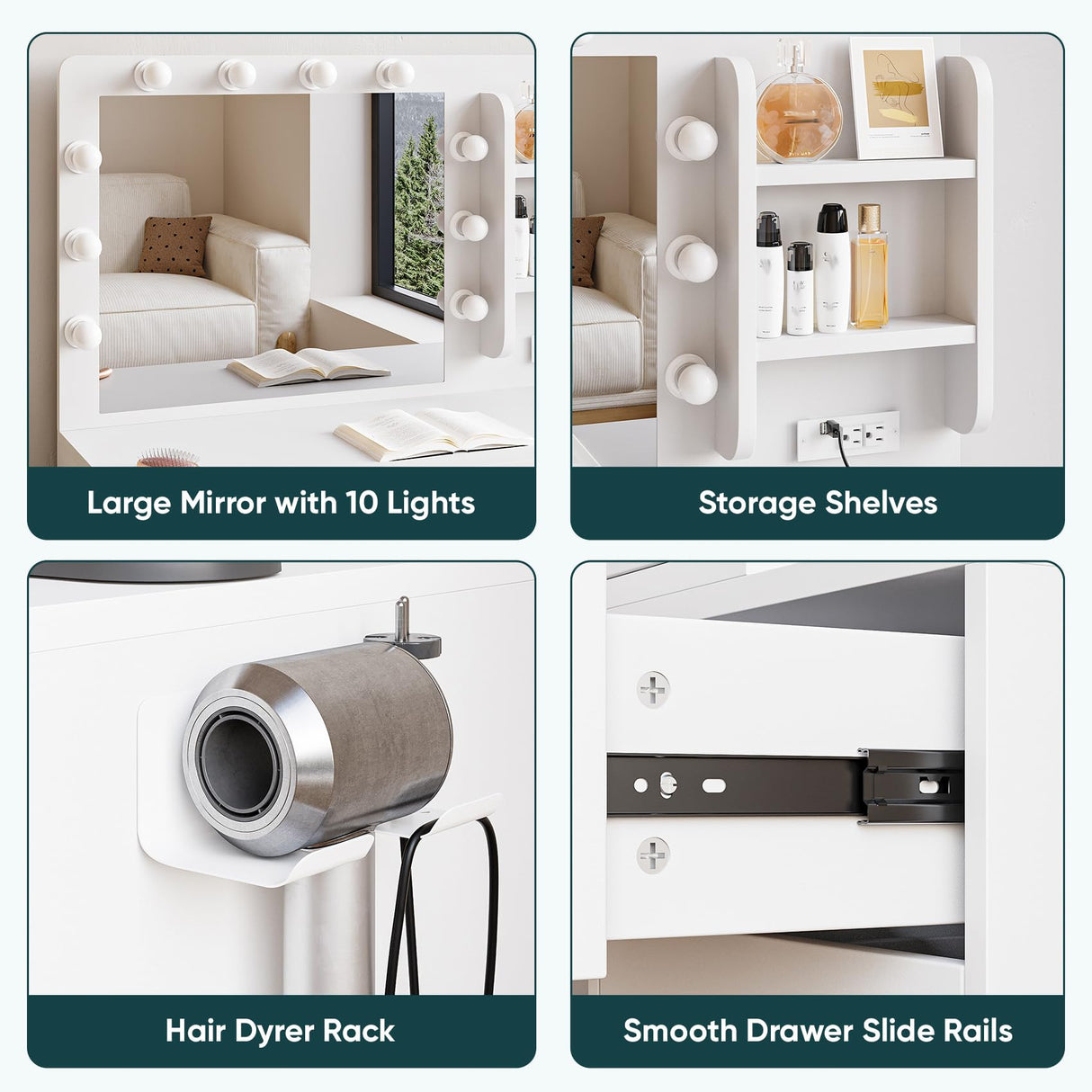 Semiocthome Makeup Vanity Desk with Mirror and Lights, Make Up Vanity Table Set with Power Outlet, Shelves and 5 Drawers, 3 Lighting Modes & Adjustable Brightness Dressing Table with Chair - White Semiocthome