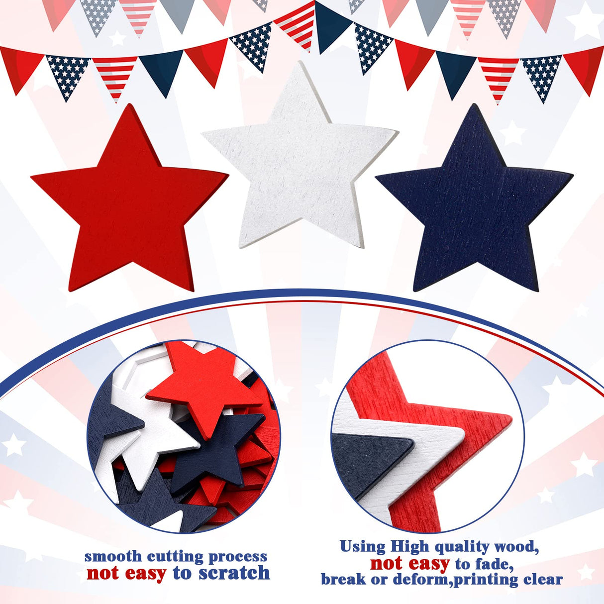 Bucherry 135 Pcs Wooden Stars Decorations 4th of July Patriotic Star Ornaments for Crafts Red White Blue Star Shape Cutouts Vase Bowl Filler Tiered Tray Decor for Independence Memorial Day Bucherry