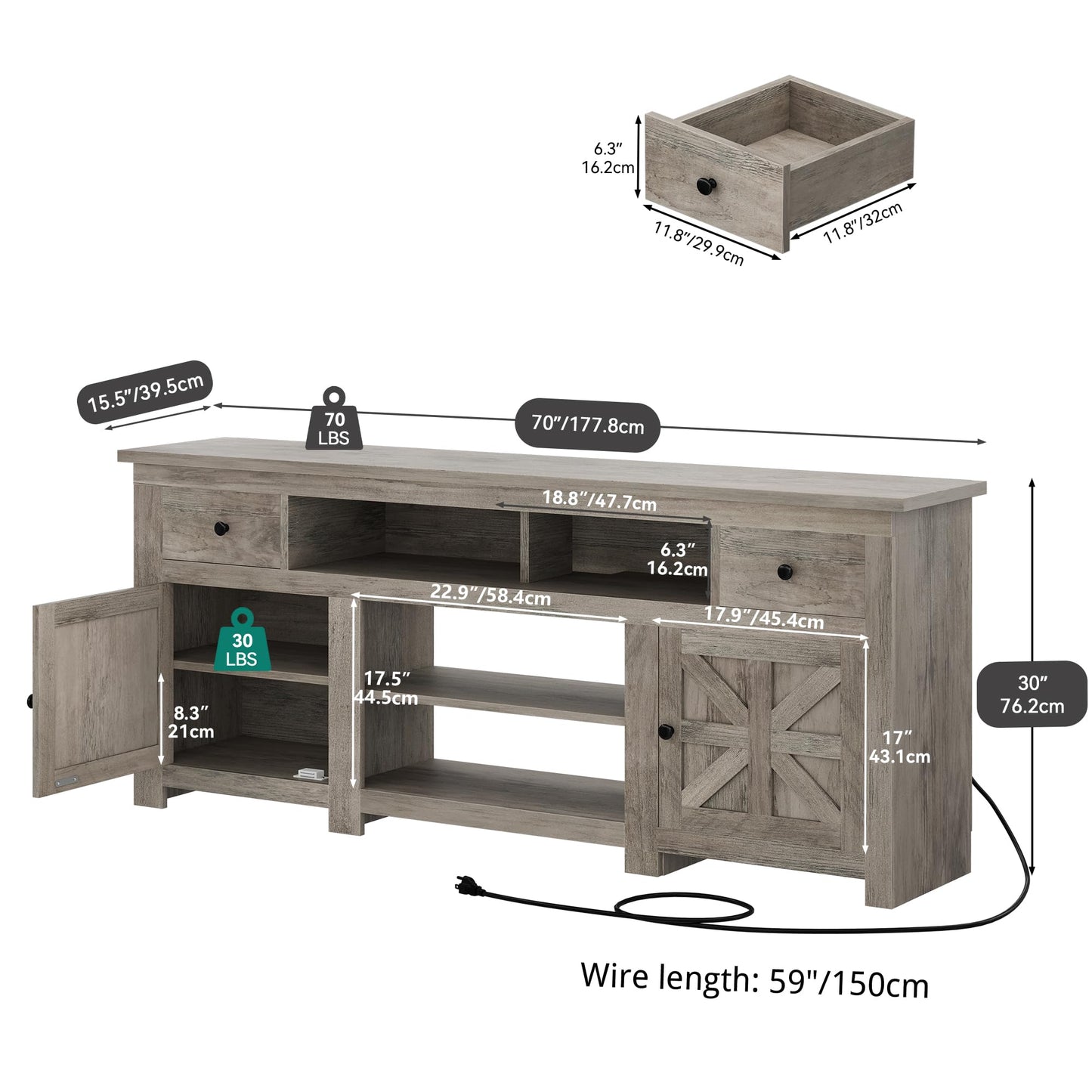 YITAHOME Farmhouse TV Stand, Entertainment Center with Power Outlet for TVs Up to 80 Inch, TV Console with Storage Drawer & Movable Partition, Rustic TV Stand for Living Room, 70" Rustic Grey