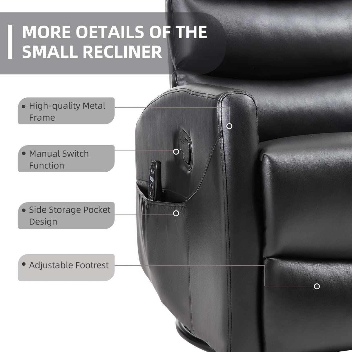 PELUMY Manual Recliner Chair with Heat & Vibration Massage, 360° Swivel Rocker Recliner with 155° Recline and Lumbar Heat, Compact Recliner for Living Room & Small Spaces (Breathable Leather, Black) PELUMY