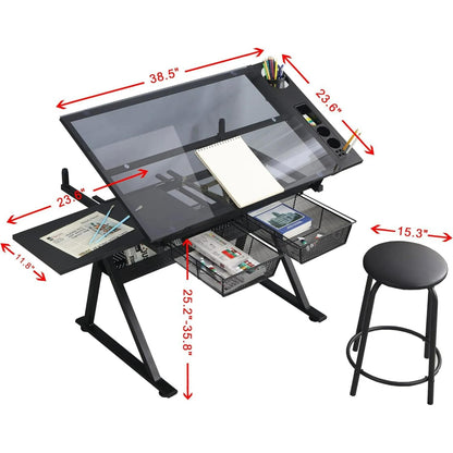 ZephyPaws Glass Drafting Table and Stool Sets, Adjustable Height Drawing Table Art Craft Artist Desk Tilting Glass Tabletop with 2 Storage Drawers for Home Office (Black)