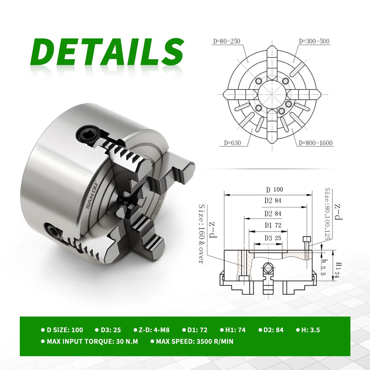 Yunnergo K72-100 Lathe Independent Chuck 4 Inch Manual Chuck 4 Jaw 3500 r/min Yunnergo