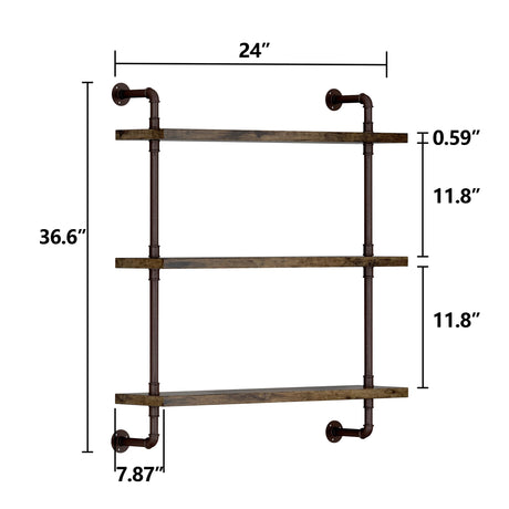 Helsin 3 Tier Industrial Pipe Shelf Rustic Wood Floating Shelves,Wall Display Bookshelf,Storage Rack Sundries Holder for Kitchen Office Bathroom Organization and Home Decor (24inch) Helsin