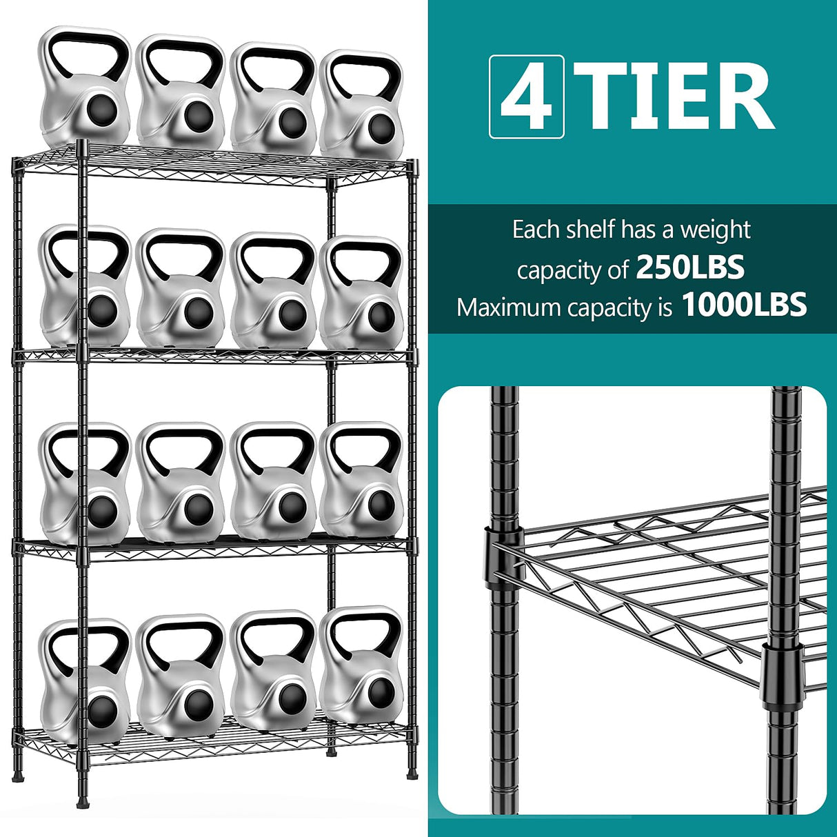 IZEUK 4-Tier Heavy Duty Steel Storage Shelves, Metal Shelf Wire Shelving Rack for Pantry, Kitchen, Garage, or Office Organization (29.5" W x 13.7" D x 47.2" H, 1000LBS, Black) IZEUK