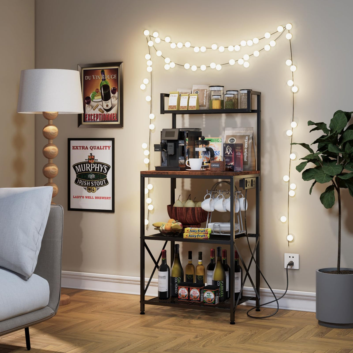 OIRBOEUS Oiboeus Kitchen Bakers Rack with Power Outlet Coffee Bar Station Microwave Stand Kitchen Microwave Rack Shelf Kitchen Shelf Rustic Brown OIRBOEUS