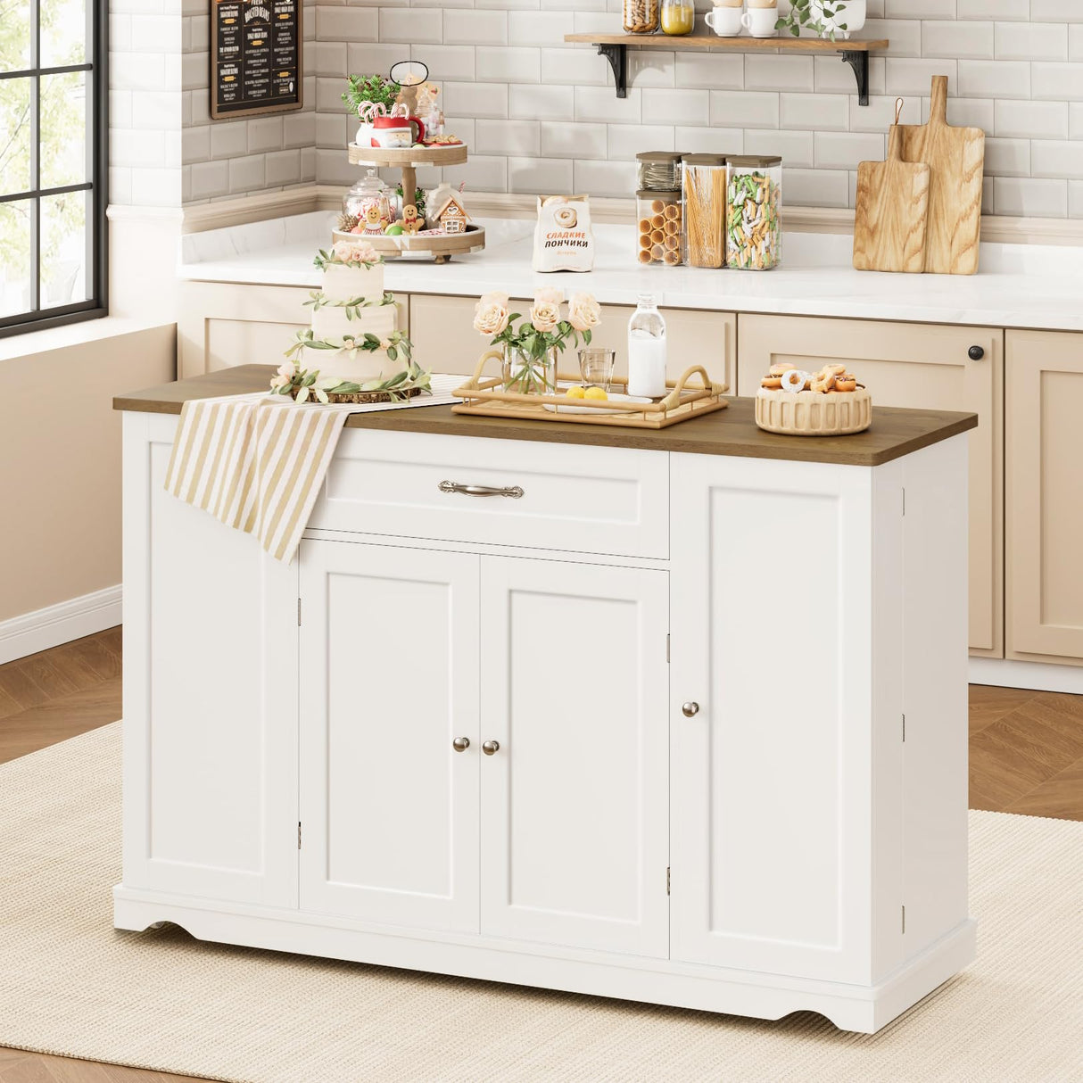 HOSTACK Kitchen Island Cart with Storage, 47'' Kitchen Storage Island on Wheels with 2 Drawers, Rolling Island Table with Adjustable Shelves, Mobile Buffet Sideboard Cabinet for Dining Room, White HOSTACK