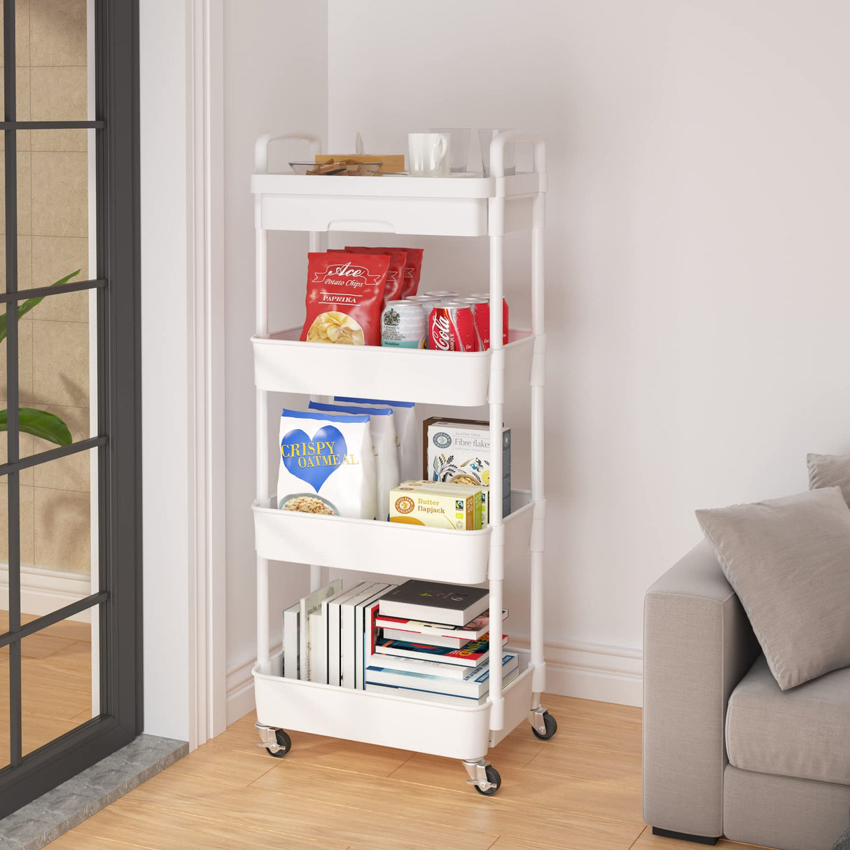 Calmootey 4-Tier Rolling Utility Cart with Drawer,Multifunctional Storage Organizer with Plastic Shelf & Metal Wheel,Storage Cart for Kitchen,Bathroom,Living Room,Office,White Calmootey