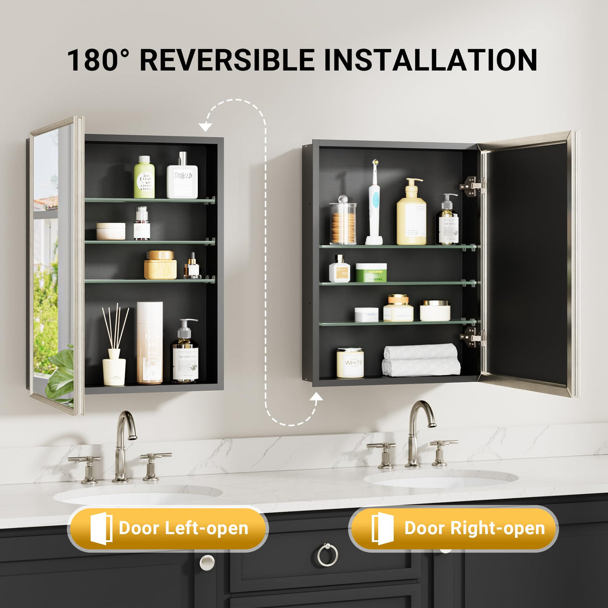 QueenFun 24''x 30'' Brushed Nickel Medicine Cabinet, Recessed or Surface Framed Medicine Cabinet with Beveled Mirror Pre-Assembled, Reversible Bathroom Storage Vanity Cabinet with Adjustable Shelves QueenFun