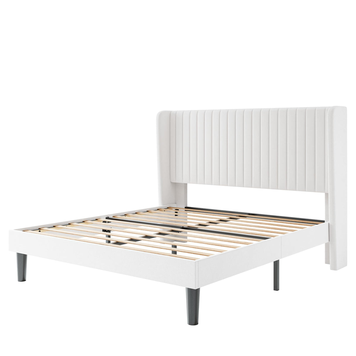 SHA CERLIN Queen Size Velvet Bed Frame with Vertical Channel Tufted Wingback Headboard, Upholstered Platform Bed with Wood Slats, No Box Spring Needed, Easy Assembly, White SHA CERLIN
