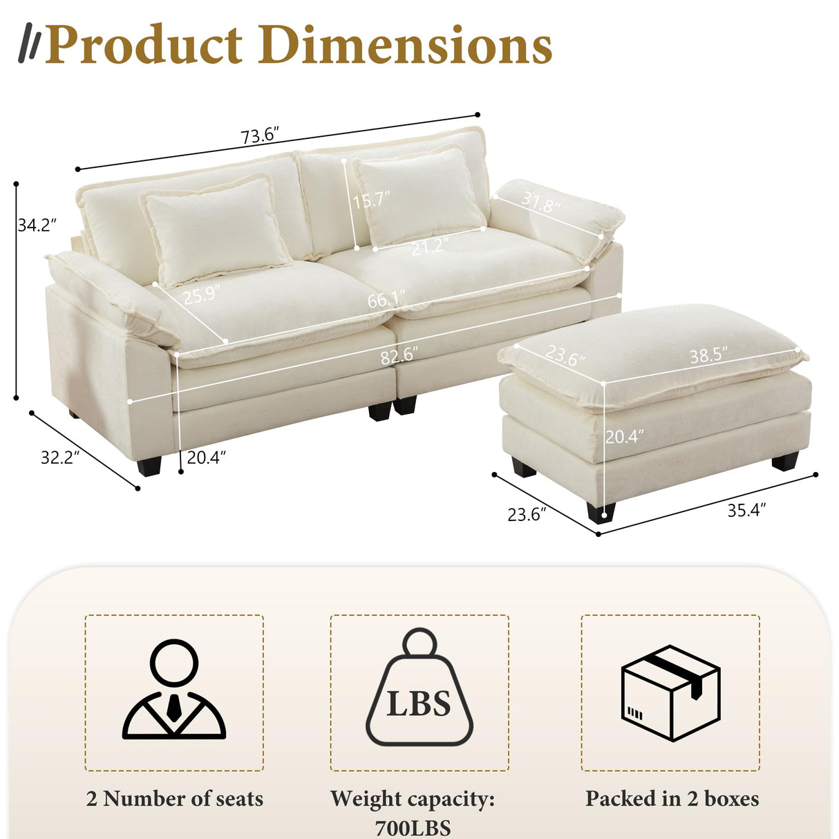 URRED Cloud Couch Modular Sectional Sofa, 82.6" Modern L Shaped Deep Seat Sofa with Ottoman & Pillows, Ultra Comfy Chenille Couches for Living Room, Bedroom or Apartment, White URRED