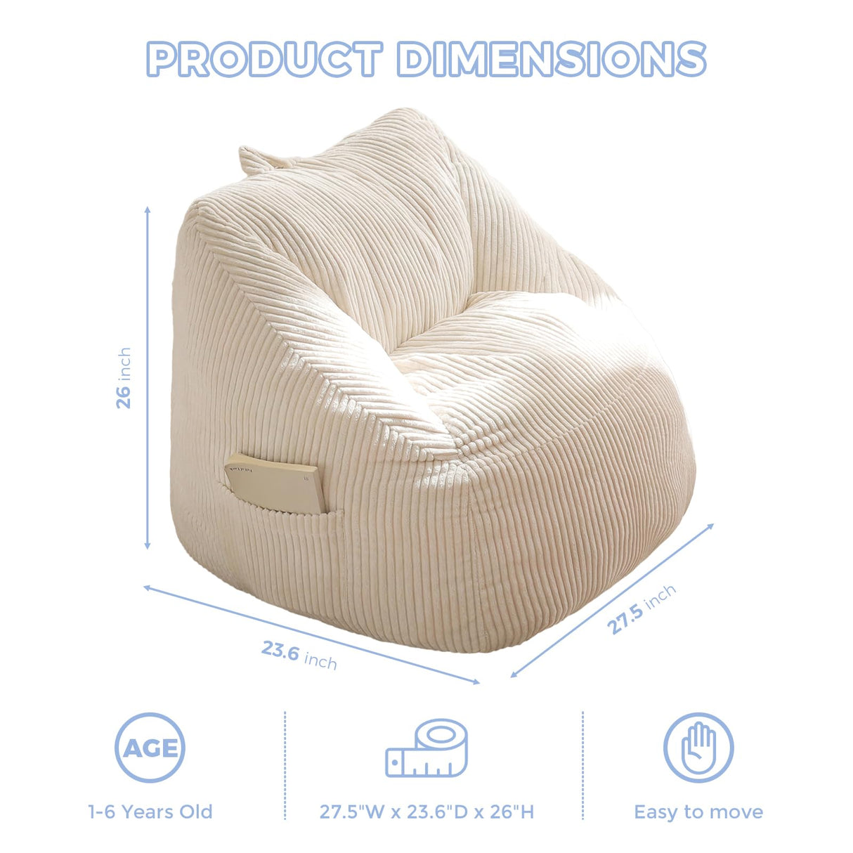 MAXYOYO Kids Bean Bag Chair, Bean Bag Couch with Handle, Comfy Toddler Chair for Boys and Girls, Accent Sofa Chair with Pocket for Gaming Reading Relaxing, Beige MAXYOYO