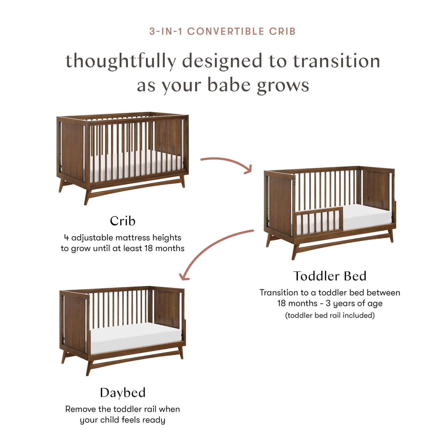 Babyletto Peggy 3-in-1 Convertible Crib with Toddler Bed Conversion Kit in Natural Walnut, Greenguard Gold Certified