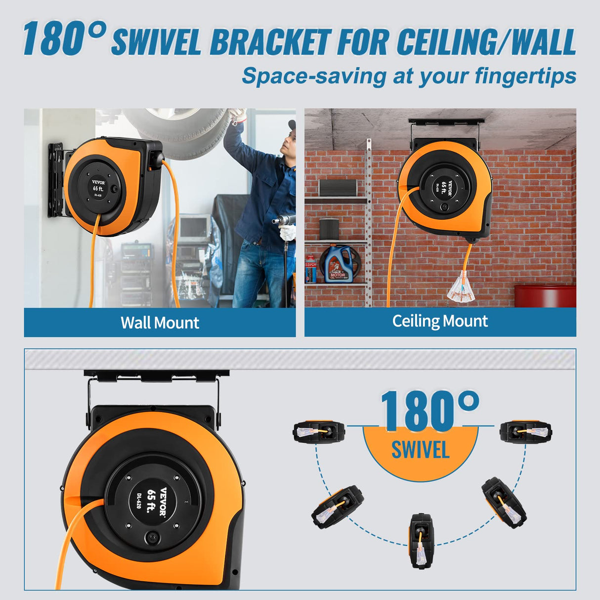 VEVOR Retractable Extension Cord Reel, 65 FT Heavy Duty 12AWG/3C SJTOW Power Cord, with Lighted Triple Tap Outlet, 15 Amp Circuit Breaker, 180° Swivel Bracket for Ceiling or Wall Mount VEVOR