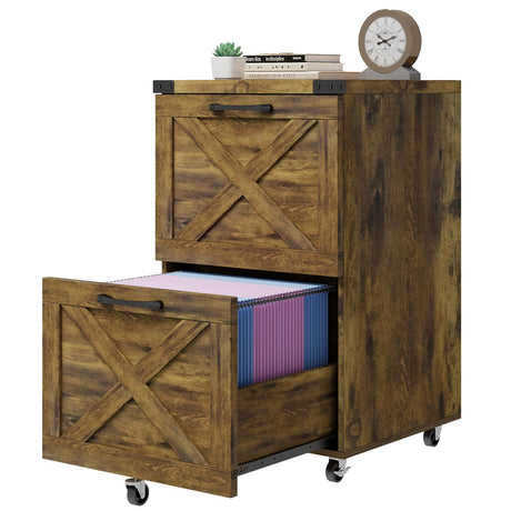 Farmhouse File Cabinet with 2 Drawers, Vertical Filing Cabinet on Wheels Under Desk for Letter/A4 Size Hanging Files, Rolling File Cabinet Printer Stand for Home Office, Rustic Brown Vabches