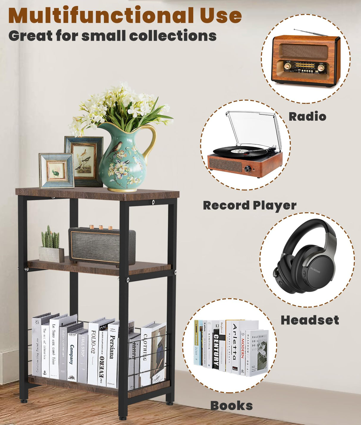Tuohours Record Player Stand, 3 Tier End Side Table with Vinyl Record Storage Basket, Turntable Table up to 100 Albums Record Shelf Display Holder Cabinet for Living Room, Bedroom, Office Tuohours