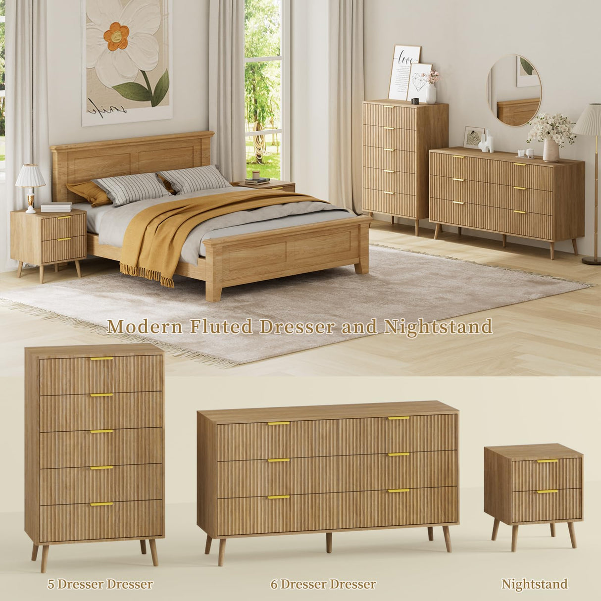 LYNSOM 6 Drawers Fluted Dresser for Bedroom, 55" Wide Modern Chest of Drawers with Metal Handle and Curved Profile Design, Dresser TV Stand, Wood Drawer Organizer for Living Room, Hallway, Natural Oak LYNSOM
