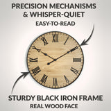 Large Wall Clock 24 Inches - Decorative Wall Clock Large With Real Wood & Roman Numerals - 24 Inch Wall Clocks For Living Room Decor - Large Farmhouse Wall Clock - Big Wall Clock For Living Room LILO DESIGN CO.