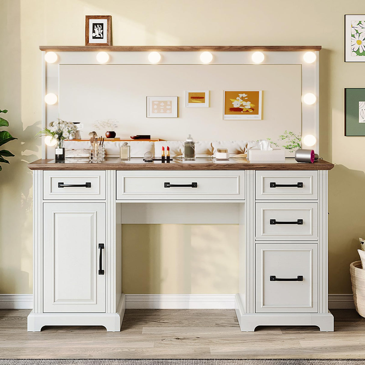 LUXOAK 55'' Farmhouse Vanity Desk with Mirror and Lights, Large Makeup Table with Charging Station, Glass Tabletop & 5 Drawers, Rustic Dressing Table for Bedroom, Antique White LUXOAK