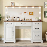 LUXOAK 55'' Farmhouse Vanity Desk with Mirror and Lights, Large Makeup Table with Charging Station, Glass Tabletop & 5 Drawers, Rustic Dressing Table for Bedroom, Antique White LUXOAK