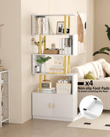 Yusong Geometric Bookcase with Cabinet, S Shaped Bookshelf 5-Tier Book Shelves for Bedroom, Modern Wood Decorative Display Shelf Tall Book Case for Home Office, Gold and White Yusong