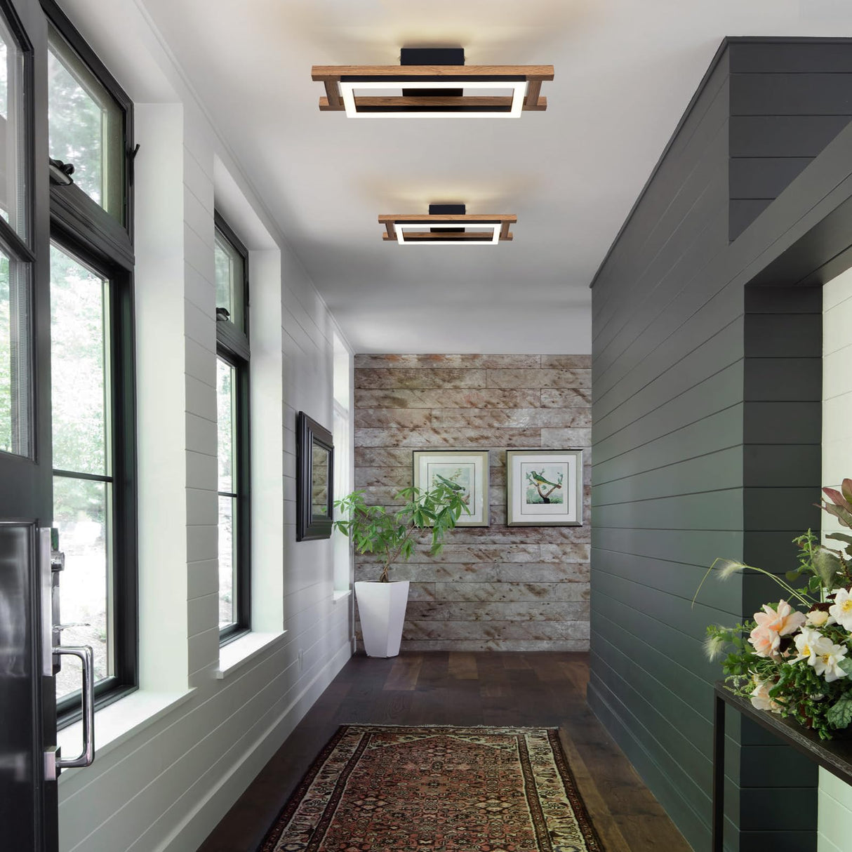 Lingkai LED Modern Ceiling Lights Wooden Square Rectangular Lamp Fixture Wood, 17.3in 12w Modern Kitchen Ceiling Lighting Fixtures 3000K for Island Bedroom Living Room Hallways Lingkai