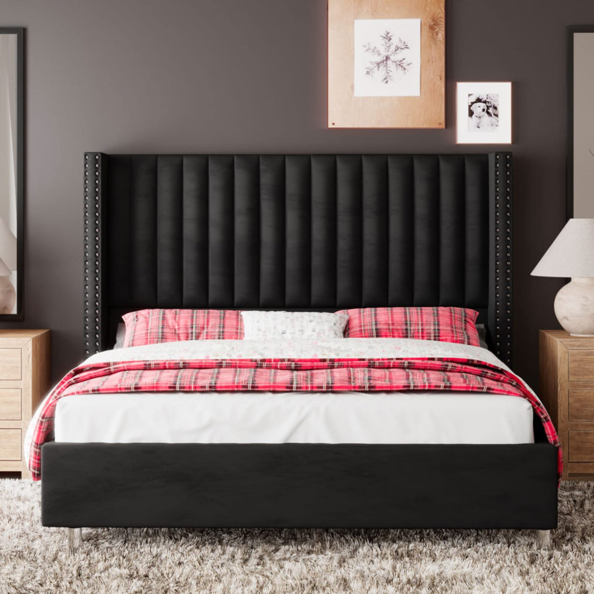 Jocisland King Size Bed Frame Upholstered Platform Bed with Tall Headboard Wingback, Velvet Vertical Channel Tufted, No Box Spring Needed, Easy Assembly, Black Jocisland