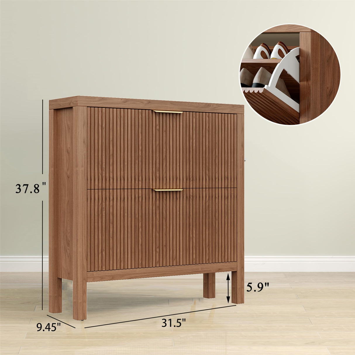 Vudanfe Modern 2-Tier Flip Drawer Shoe Cabinet, Freestanding Hidden Slim Narrow Shoe Rack Cabinet, Wooden Large Capacity Shoe Storage Cabinet Shoe Organizer, for Entryway, Hallway, Walnut X2 Vudanfe