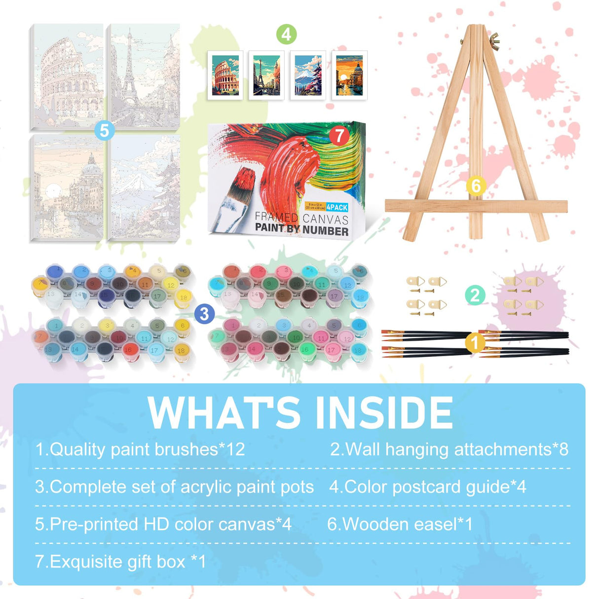 Offito 4 Pack Framed Paint by Numbers Kit for Adults Beginners with Wooden Easel, Landscape Easy Paint by Number Kit with Frame, Watercolor Adult Paint by Number Framed Canvas (8 * 12 Inch) Offito