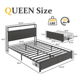 Lifezone Queen Bed Frame with 2-Tier Storage Headboard, Metal Bed Frame with Storage Drawers & Built-in Charging Station & LED, Noise-Free, No Box Spring Needed, Easy Assembly, Rustic Grey Lifezone