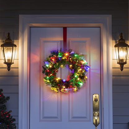 Dual Color Change&Timer Prelit Thick Christmas Wreath with 30 Warm White&Colors Lights 8 Modes,Mixed Norfolk PE Pine Bristle Pine Aspen Fir Tips Eucalyptus Pinecone Red Berry Cedar Xmas Wreath 20 Inch