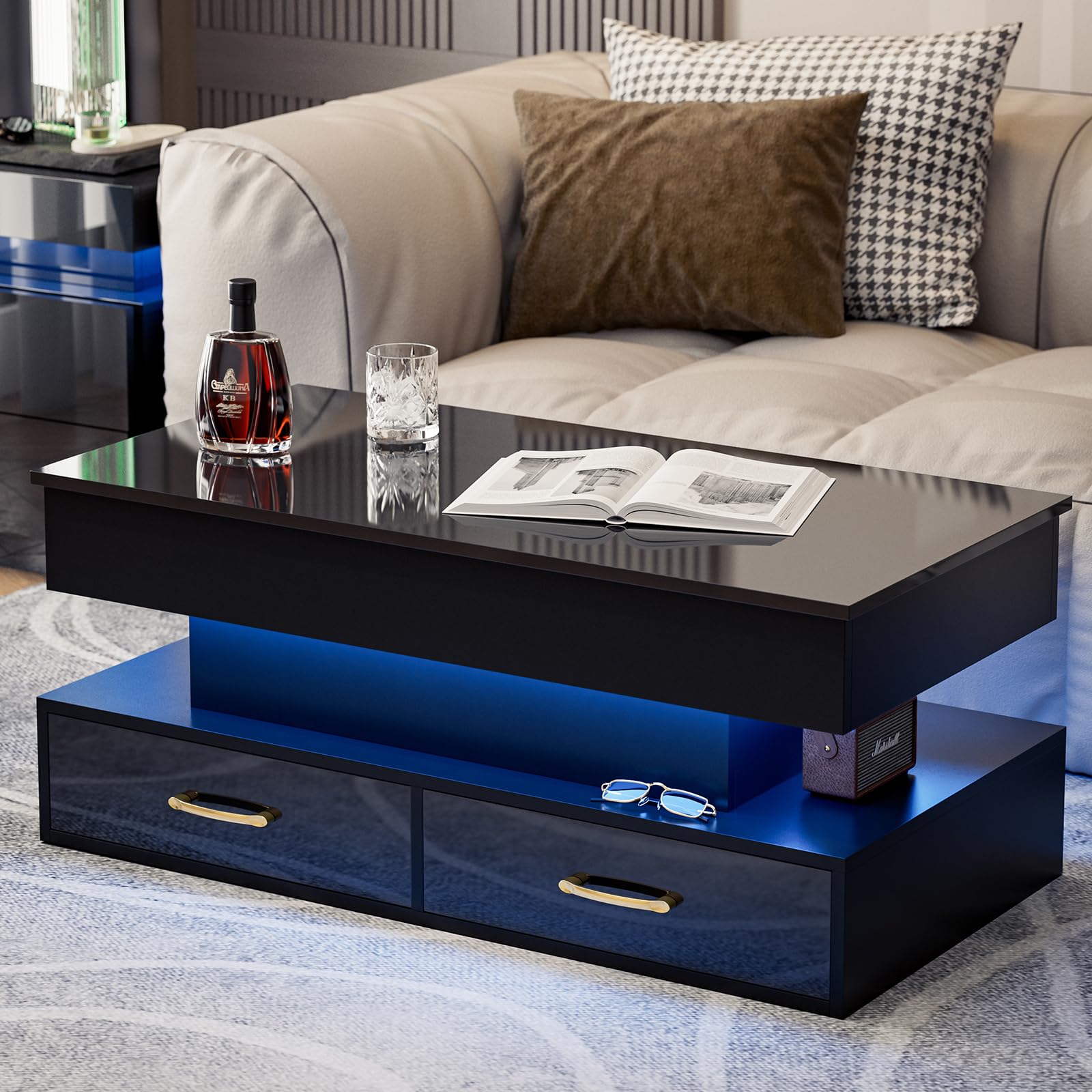 IKIFLY Modern Lift Top Coffee Table, High Glossy Coffee Table with 16 Colors LED Lights, Lift top Coffee Table with 2 Drawers and Hidden Compartment for Living Room Black - WoodArtSupply