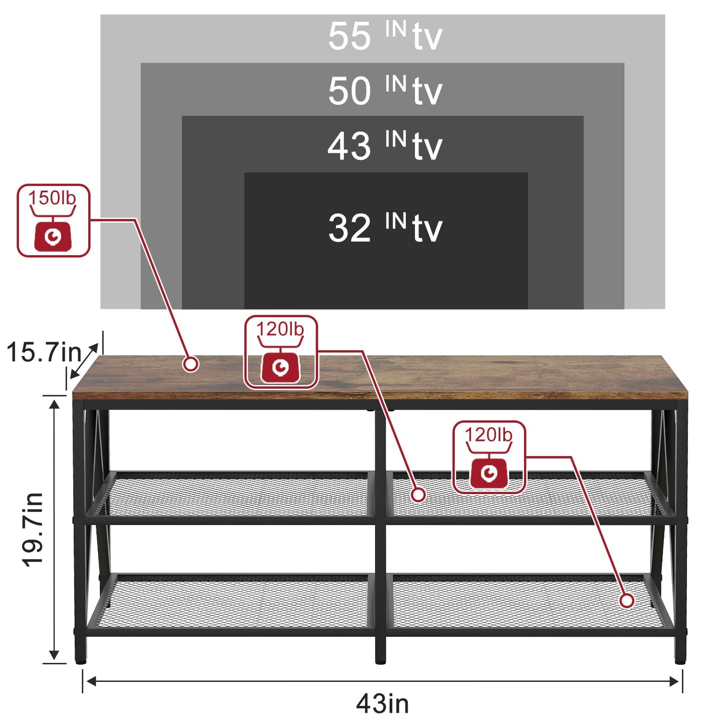 Katrawu TV Stand for TV up to 55 Inch, Long 43" TV Cabinet with 3-Tier Storage Shelves,Entertainment Center TV Console Table for Living Room with Industrial TV Metal Frame, Rustic Brown