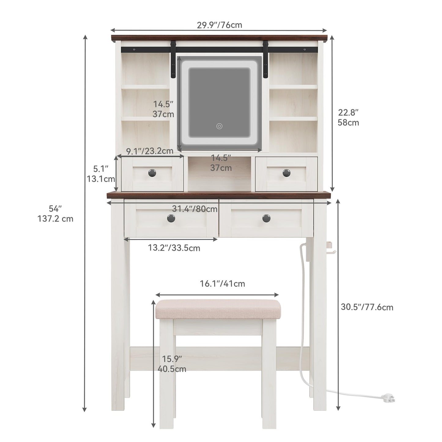 YITAHOME Farmhouse Vanity Desk with LED Lighted Sliding Mirror & Power Outlet, Makeup Vanity Table with 4 Drawers & Shelves, Rustic Vanity Set with Stool for Bedroom, Antique White