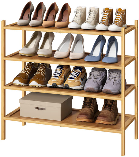 kiplant 4-Tier Shoe Rack for Entryway, Bamboo Wood Shoe Rack 4-Tier, Stackable Shoe Organizer for Closet, Free Standing Shoe Racks for Indoor & Outdoor kiplant