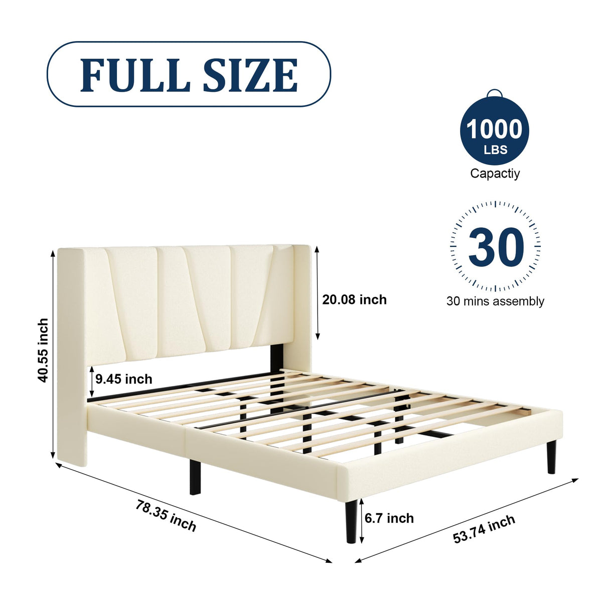 Full Bed Frame with Headboard and Wingback, Velvet Upholstered Platform Bed, Mattress Foundation with Wooden Slat Support, No Box Spring Needed, Easy Assembly, Noise Free, Beige Sismplly