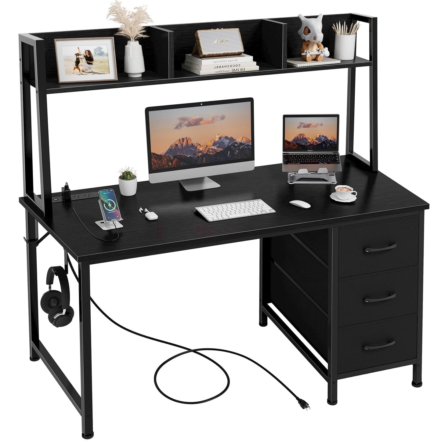 DLISITING Computer Desk with Hutch & Drawers - Office Study Writing 47 Inch Desk with 3 Drawers Storage Power Outlets, Modern Desk for Bedroom Home Office Black