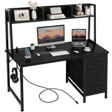 DLISITING Computer Desk with Hutch & Drawers - Office Study Writing 47 Inch Desk with 3 Drawers Storage Power Outlets, Modern Desk for Bedroom Home Office Black DLISITING