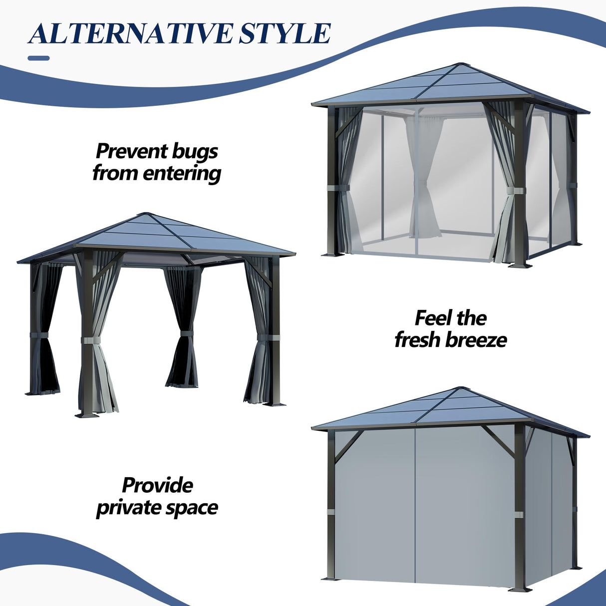 GARTOO 10’x10’ Patio Hardtop Gazebo with Polycarbonate Roof, Waterproof Outdoor Canopy Gazebo, Steel Frame Permanent Pavilion with Curtains and Netting, Perfect for Backyard, Patio, Lawn, Garden GARTOO