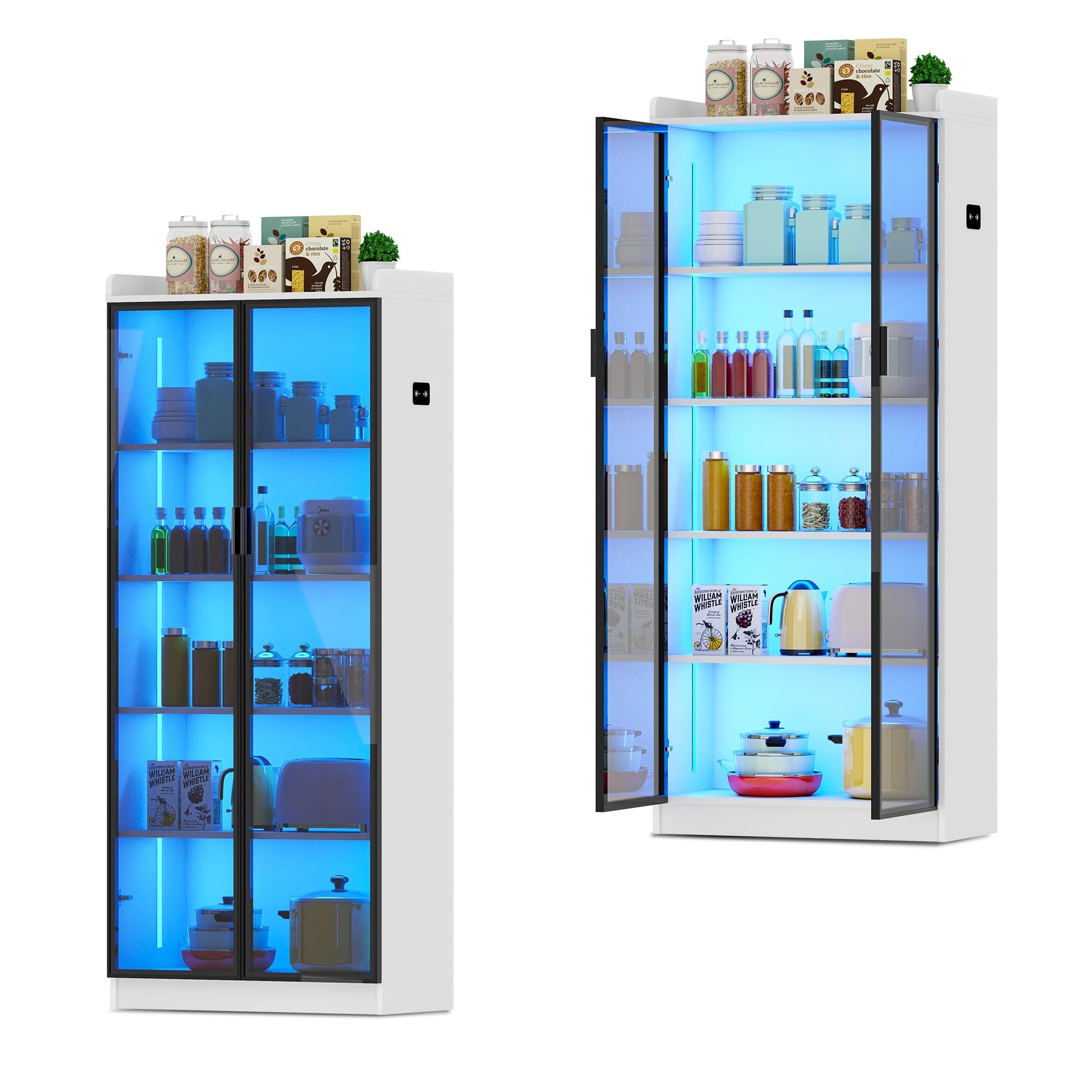 Lvifur Tall Storage Cabinet up to 70", LED Kitchen Pantry Cabinet with Human Body Induction, 5 Tier Bookcase Display Cabinet with Adjustable Shelves for Living Room Office (White) - WoodArtSupply