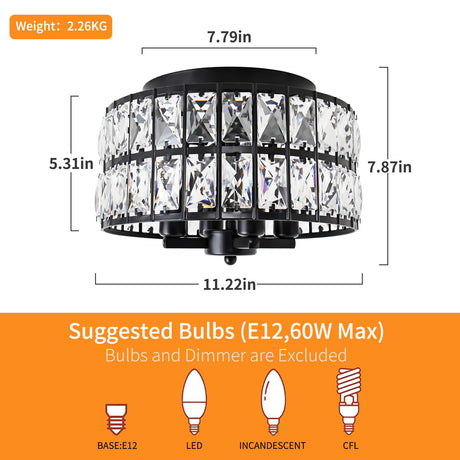 JWLUYN Black Crystal Flush Mount Ceiling Light, 4 Lights Black Dining Room Light Fixtures with E12 Base, Modern Close to Ceiling Light Fixture for Bathroom, Hallway, Kitchen, Bedroom, Entryway JWLUYN
